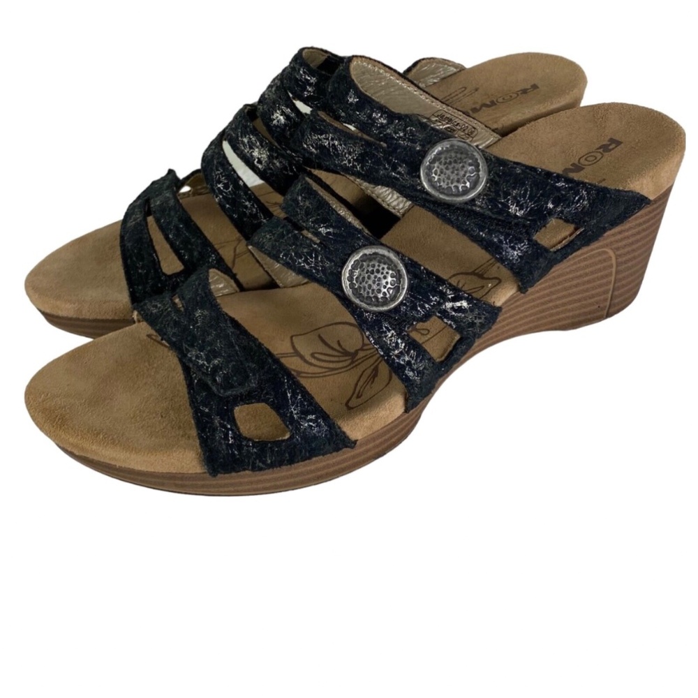 Romika Jamaica Sandals Wedge Heels Sz 38 US 7 / 7.5 Black Triple Strap